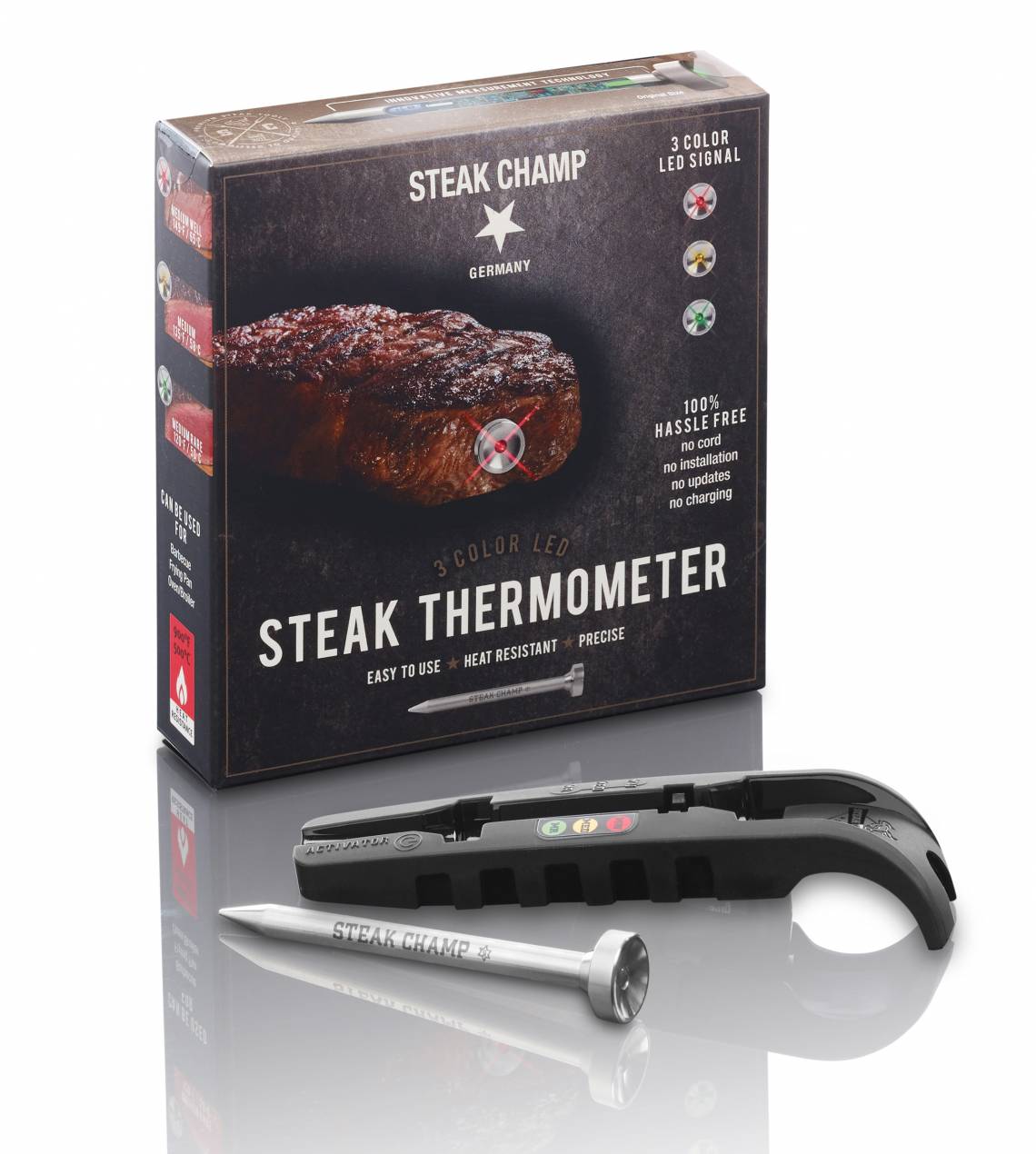 Steak Champ 3-Color black Thermometer und Verpackung