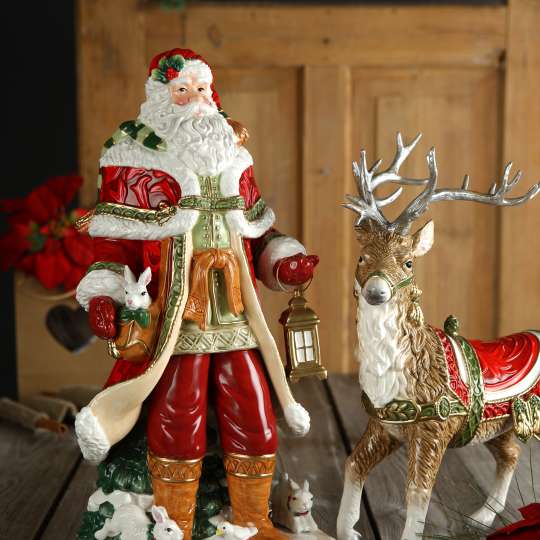 Goebel - Fein gearbeitet: Fitz and Floyd Figuren Santa mit Laterne und Rentier mit silbernem Geweih