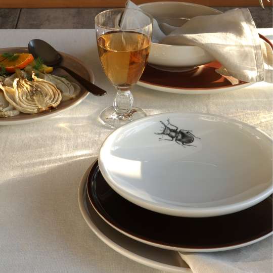 mittelpunkt - Ein Dinner mit der Sonne: Teller mit Hirschkäfermotiv mit Tellern in Brauntönen