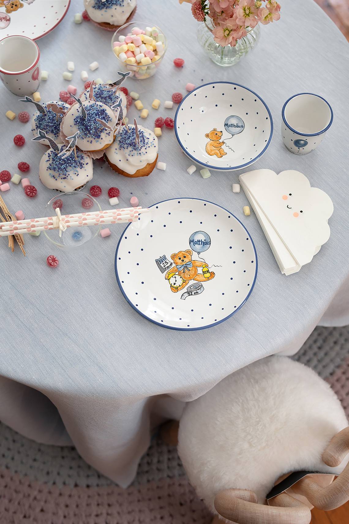 Gmundner Keramik: Kindergeschirr für die Kleinsten / Set personalisiert, blau, Mood