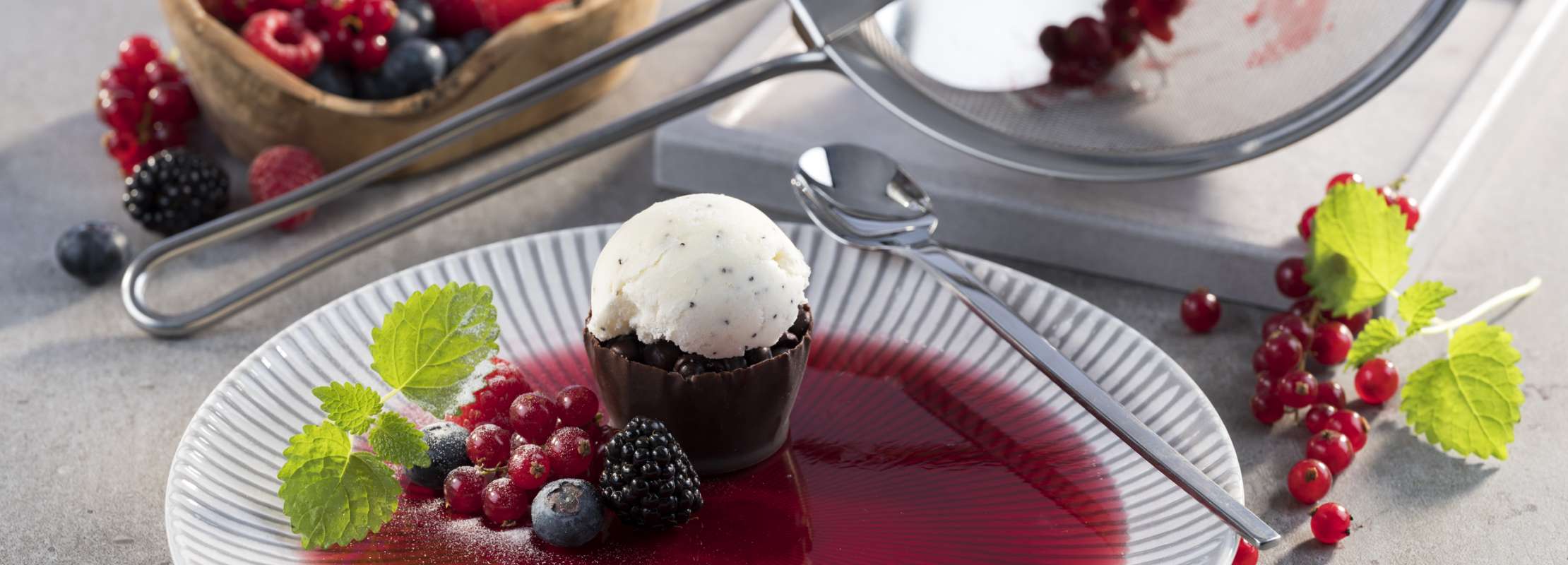 Johannisbeergelee mit Waldbeeren und Vanilleeis im Schokoladennest ...