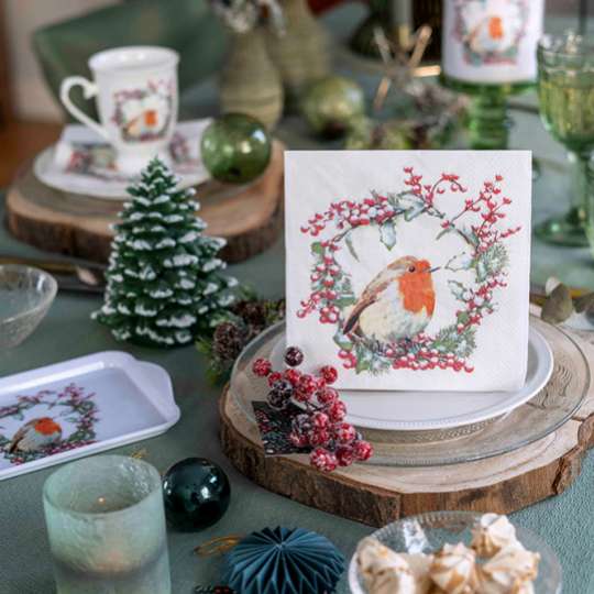 Rotkehlchen im Winter: das neue Tischdekor Robin in Wreath